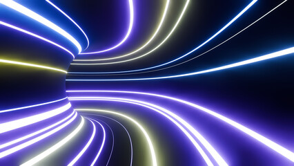 Abstract background with ascending colorful neon lines, glowing trails in tunnel