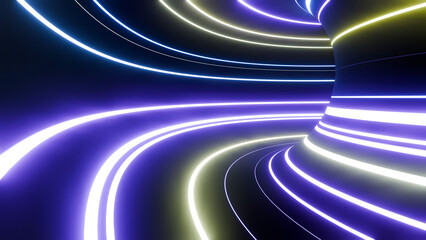 Abstract background with ascending colorful neon lines, glowing trails in tunnel