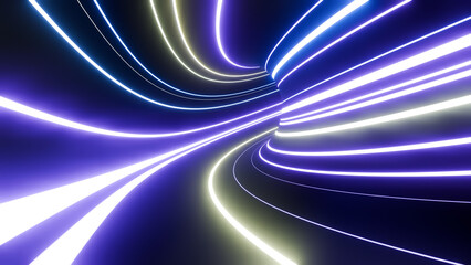 Abstract background with ascending colorful neon lines, glowing trails in tunnel