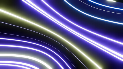 Abstract background with ascending colorful neon lines, glowing trails in tunnel