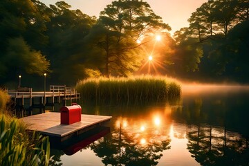 Render a high-quality image capturing the beauty of a summer sunset over a serene lake. An unoccupied pier leads to a striking red mailbox, complemented by the lush greenery of surrounding trees.