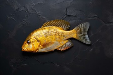 Golden tilapia on marble, top view, black background. Generative AI
