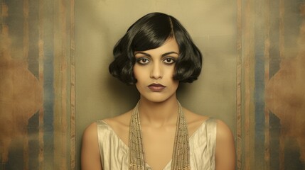 Photorealistic Adult Indian Woman with Brown Straight Hair retro Illustration. Portrait of a person in vintage 1920s aesthetics. Historic movie style Ai Generated Horizontal Illustration.
