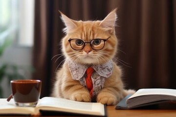 adorable red cat with glasses reading a book, representing education concept, back to school. learning, study. copy space provided. clever kitty. Generative AI