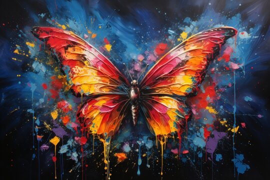  a painting of a butterfly with paint splattered all over it's wings and wings are red, orange, yellow, and blue.
