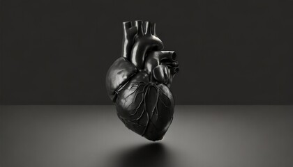 A 3D illustration of an anatomical human heart in black, with a detailed and realistic depiction, against a gray background.