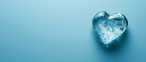 Frozen ice crystal in the shape of a heart. Flat layout. Valentine's Day concept. . Generative AI
