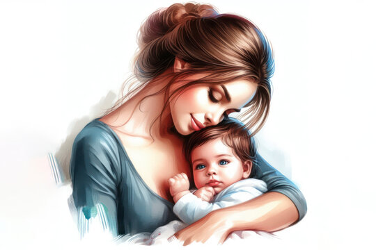 painted illustration Mother and child isolated on solid a white background. ai generative