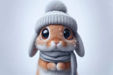 Fototapeta premium portrait of a frozen cute bunny in hat with bulging big eyes isolated on a solid white background. ai generative