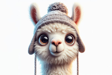 portrait of a frozen cute llama with bulging big eyes isolated on a solid white background. ai generative