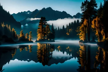Wall murals Reflection Lake Matheson at dawn, a symphony of colors reflected in the calm waters, surrounded by the mysterious silhouettes of mountains cloaked in fog.