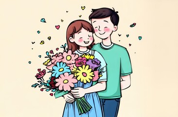A young loving man gives a bouquet of flowers to his girlfriend. Love and romantic dating concept.