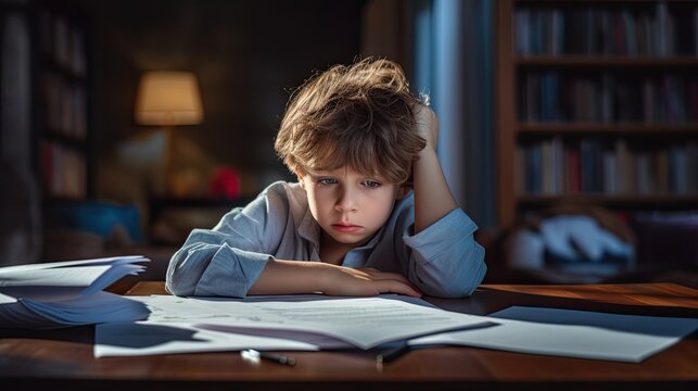 Sad tired boy doing homework. assignment. school, Education, learning difficulties concept.