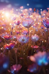 A field of flowers blooming in the sun, Fairy light, parallax photography, futuristic