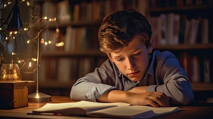 Sad tired boy doing homework. assignment. school, Education, learning difficulties concept.