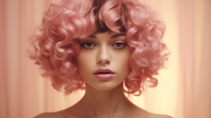 Fototapeta premium Photorealistic Adult Persian Woman with Pink Curly Hair retro Illustration. Portrait of a person in vintage 1920s aesthetics. Historic movie style Ai Generated Horizontal Illustration.