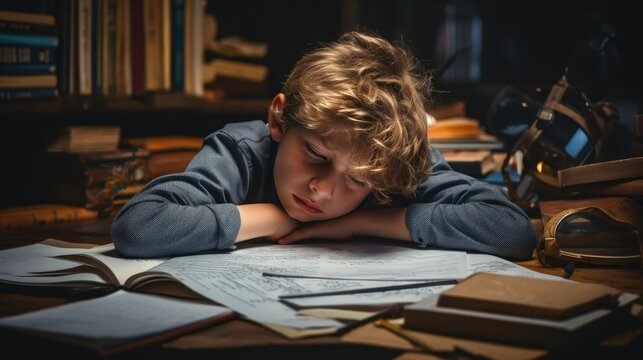 Sad tired boy doing homework. assignment. school, Education, learning difficulties concept.