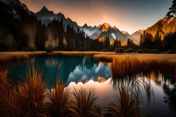 A captivating image of the first light kissing the mountain peaks, casting a warm and golden glow over the tranquil waters of Lake Matheson in Westland District.