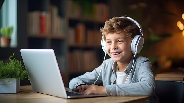 Smiling boy sitting at desk with laptop. Student study at home and learning online