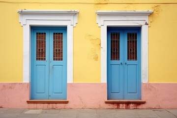  a couple of blue doors sitting next to each other on the side of a yellow and pink building next to a sidewalk.