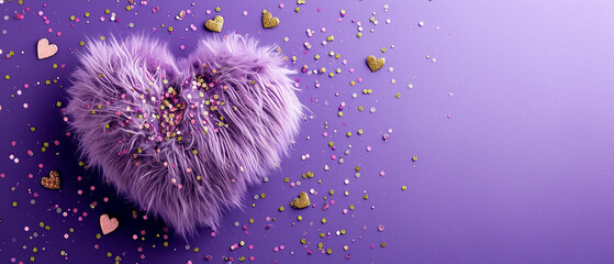 Purple fluffy heart on a purple background with gold confetti. Pillow with fur texture. Valentine's Day card. Generative AI.