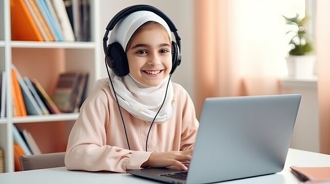 Smiling muslim girl sitting at desk with laptop. Student study at home and learning online