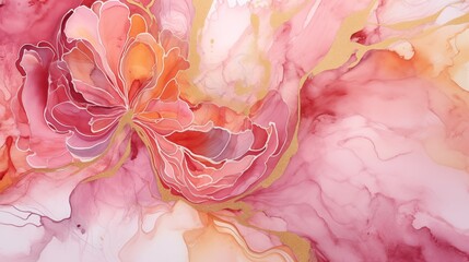 Abstract Pink Floral Painting Texture Background in Fluid Lines with Light Red and Gold Watercolors