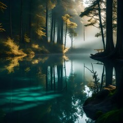 Misty morning at the forest lake, with the water reflecting the ethereal beauty of the surrounding trees
