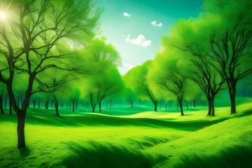 Papier Peint photo Vert Landscape with trees and sun.
