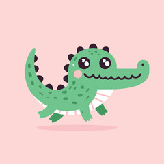Cute cartoon funny crocodile. Vector illustration on pink background