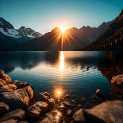 Cinematic sunrise on a mountain top, with the sun's glow reflected on a crystal-clear mountain lake