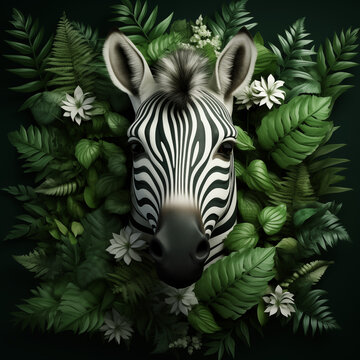Portrait Of A Zebra With Green Leaves In The Background