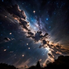 Naklejka premium A cosmic display of stars against a backdrop of illuminated, wispy clouds. - Upscaling by @Badar