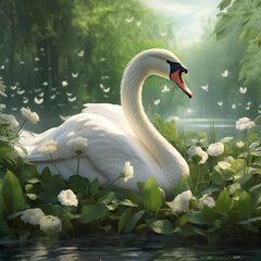 A Swan is swimming in a green forest of leaves