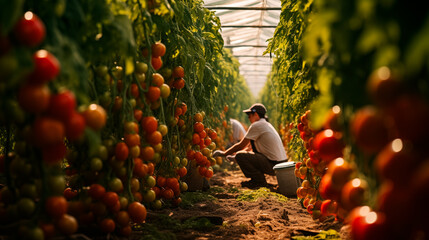 Farm woman professional picking check vegetable farmland. Ripe tomato plant growing in greenhouse. Fresh bunch of red natural tomatoes on a branch in organic vegetable garden. Agro cultivation concept - obrazy, fototapety, plakaty