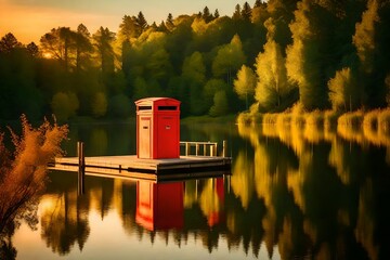 Golden hues reflecting off the still lake at sunset, an empty pier jutting into the water, crowned by a distinctive red mailbox, all set amidst the embrace of verdant trees.