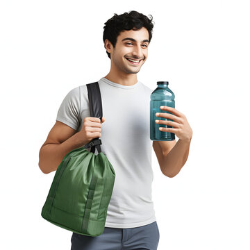 Person using a reusable water bottle and bag isolated on white background, png
