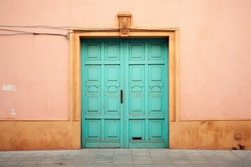  a blue door on the side of a pink building with a clock on the side of the door and a rope on the side of the building.