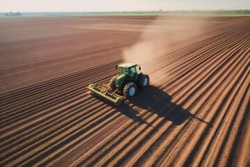 Obraz premium Tractor plowing agricultural field in cultivation, tillage. Groove row pattern