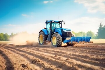 Obraz premium Tractor plowing agricultural field in cultivation, tillage. Groove row pattern