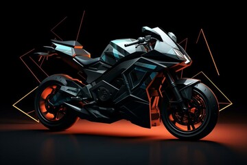 Motorcycle composed of geometric shapes on dark backdrop. Generative AI