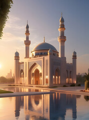 Fototapeta premium Picturesque Mosque at Sunset Captivating Sunny Landscape Photos. Generative AI