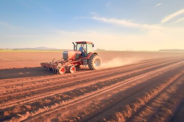 Obraz premium Tractor plowing agricultural field in cultivation, tillage. Groove row pattern