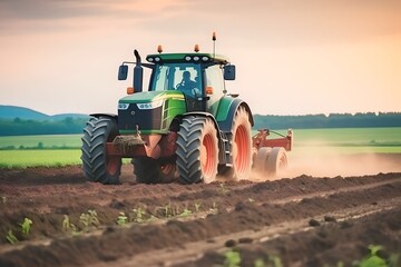 Tractor plowing agricultural field in cultivation, tillage. Groove row pattern