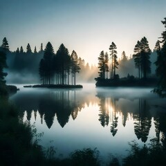 A serene forest lake at dawn, with mist rising from the water's surface in a vertical composition