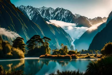 Foto op Canvas An enchanting view of the Westland District with Fox Glacier, where the morning fog embraces the mountains, creating a magical landscape at Lake Matheson. © Waqas