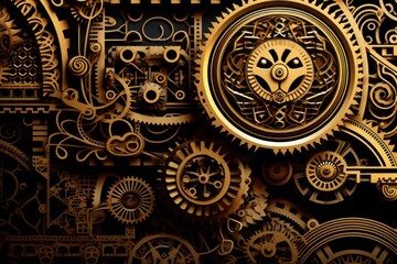  a close up of a clock face made out of gold gears and cogs on a black and white background.