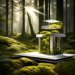 Luxurious natural elements in a spring forest setting, enhanced by a stylish podium for presenting products