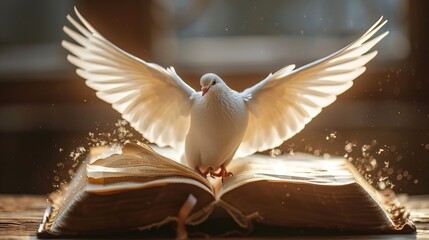 Bible on the table. A dove flies with open wings. Open book and white dove flying on nature background. Concept of freedom and peace