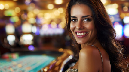 Obraz premium Beautiful girl smiling, in elegant clothes, in the gambling hall of a casino